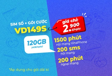 Gói cước Vina VD149S 6T trả trước 6 tháng, 4 GB/ngày, 1.500 phút gọi.